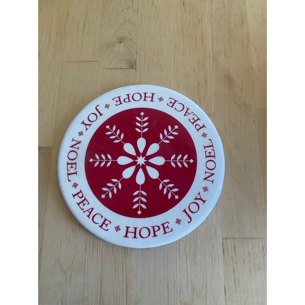 Christmas Snowflake Ceramic Trivet Cork Back Peace Hope Joy Noel Red White 6"